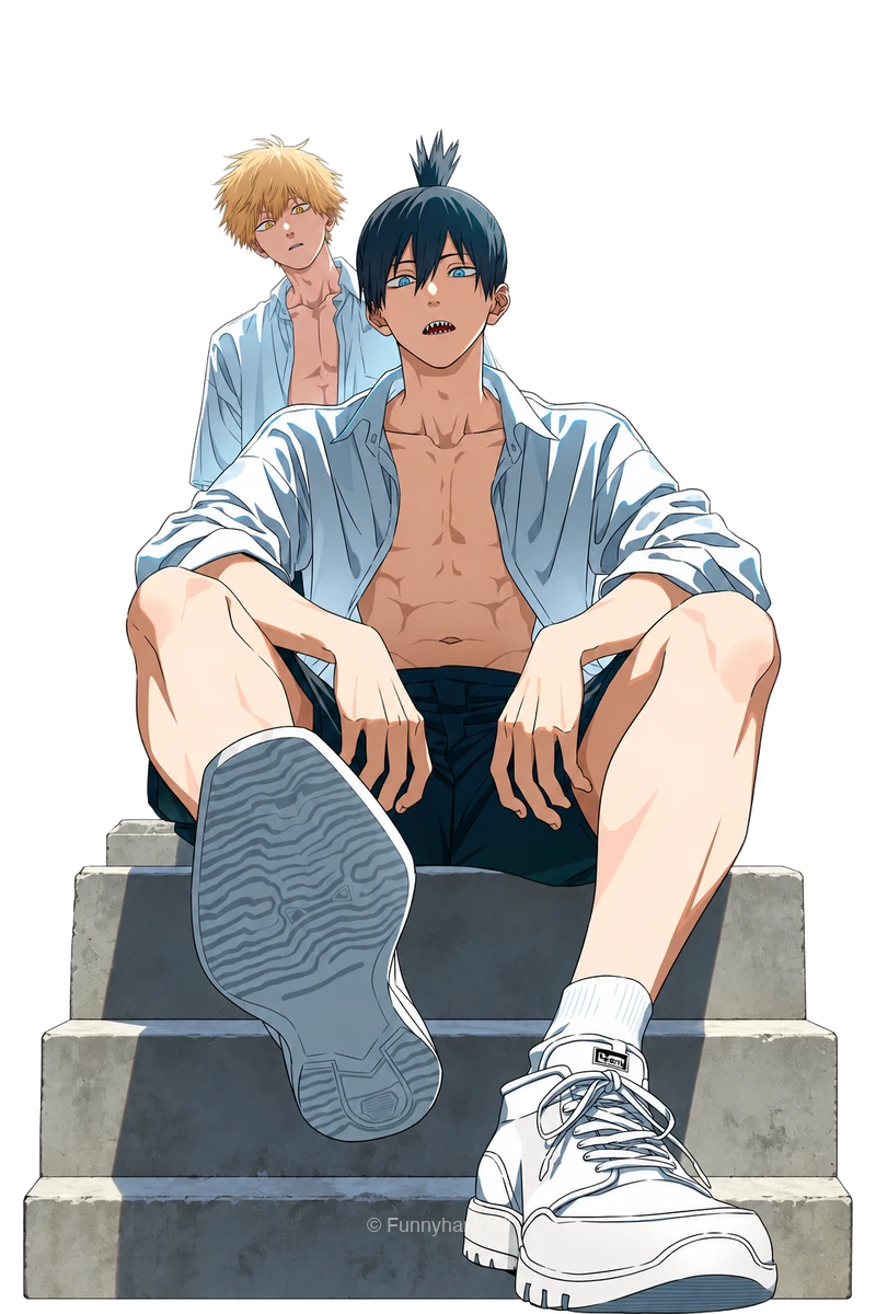 Aki and Denji in casual summer clothes on concrete steps