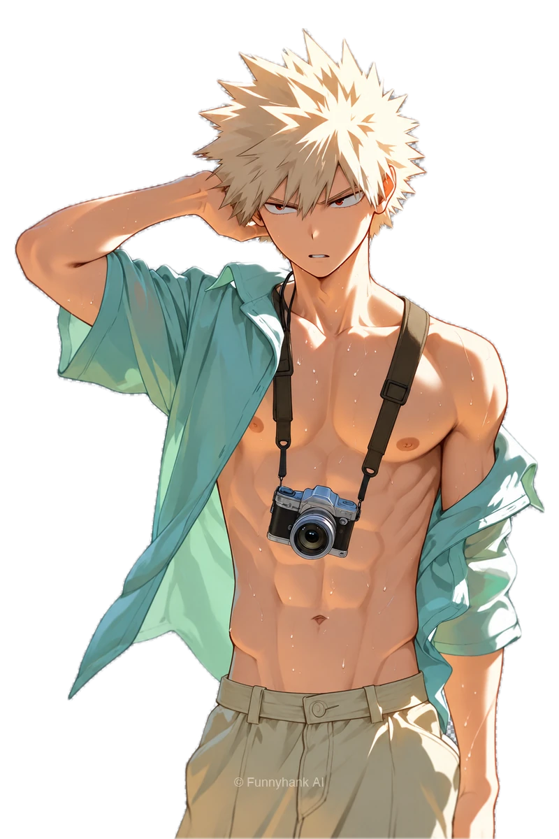 Katsuki Bakugo wearing an open shirt and trousers with a camera
