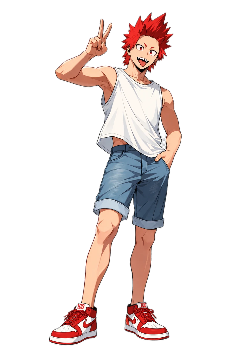 Eijiro Kirishima making a peace sign in a white tank top and denim shorts