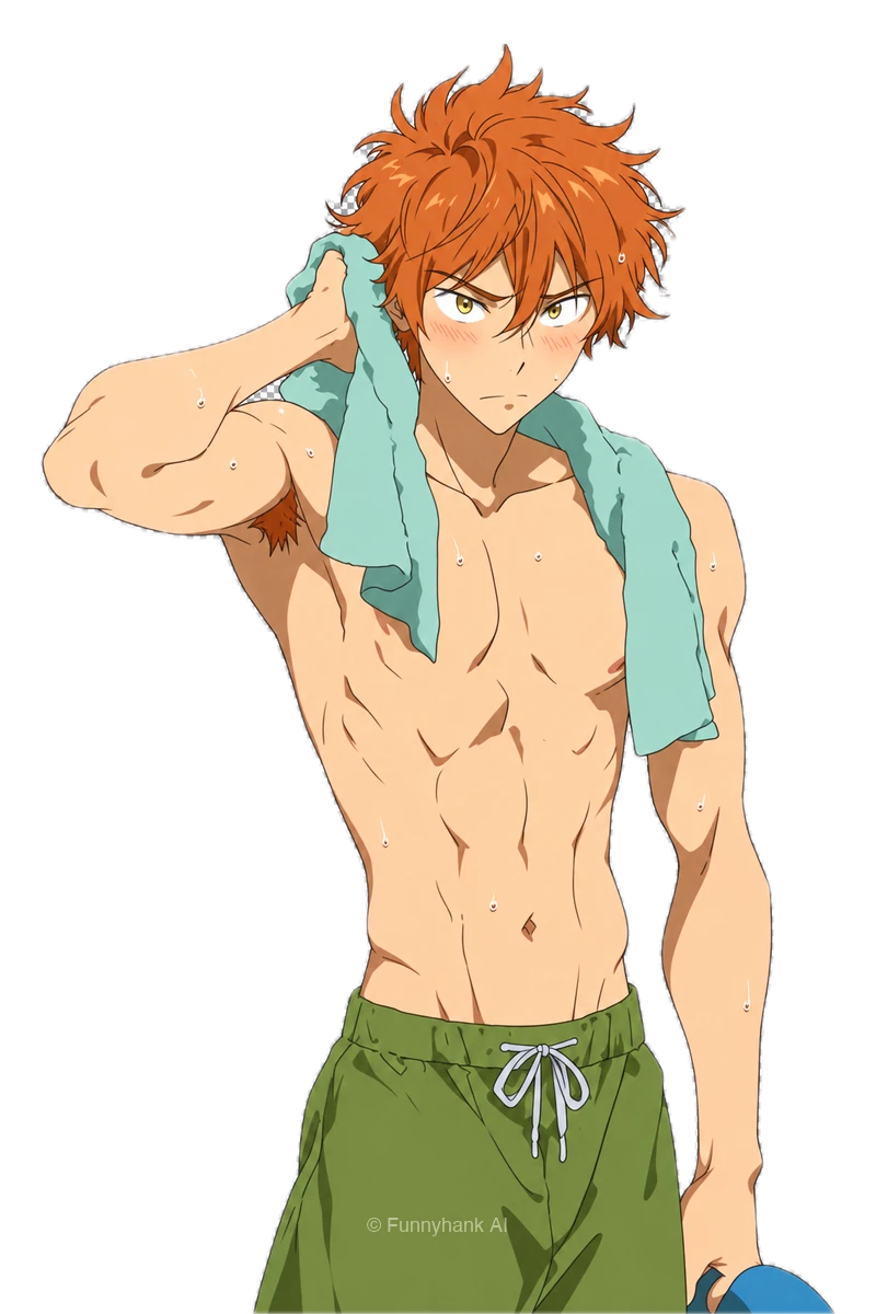 Momotaro Mikoshiba with a towel and green swim shorts