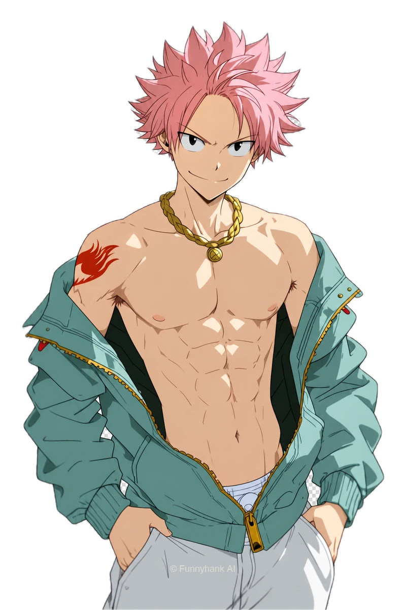 Natsu Dragneel wearing a green jacket and trousers