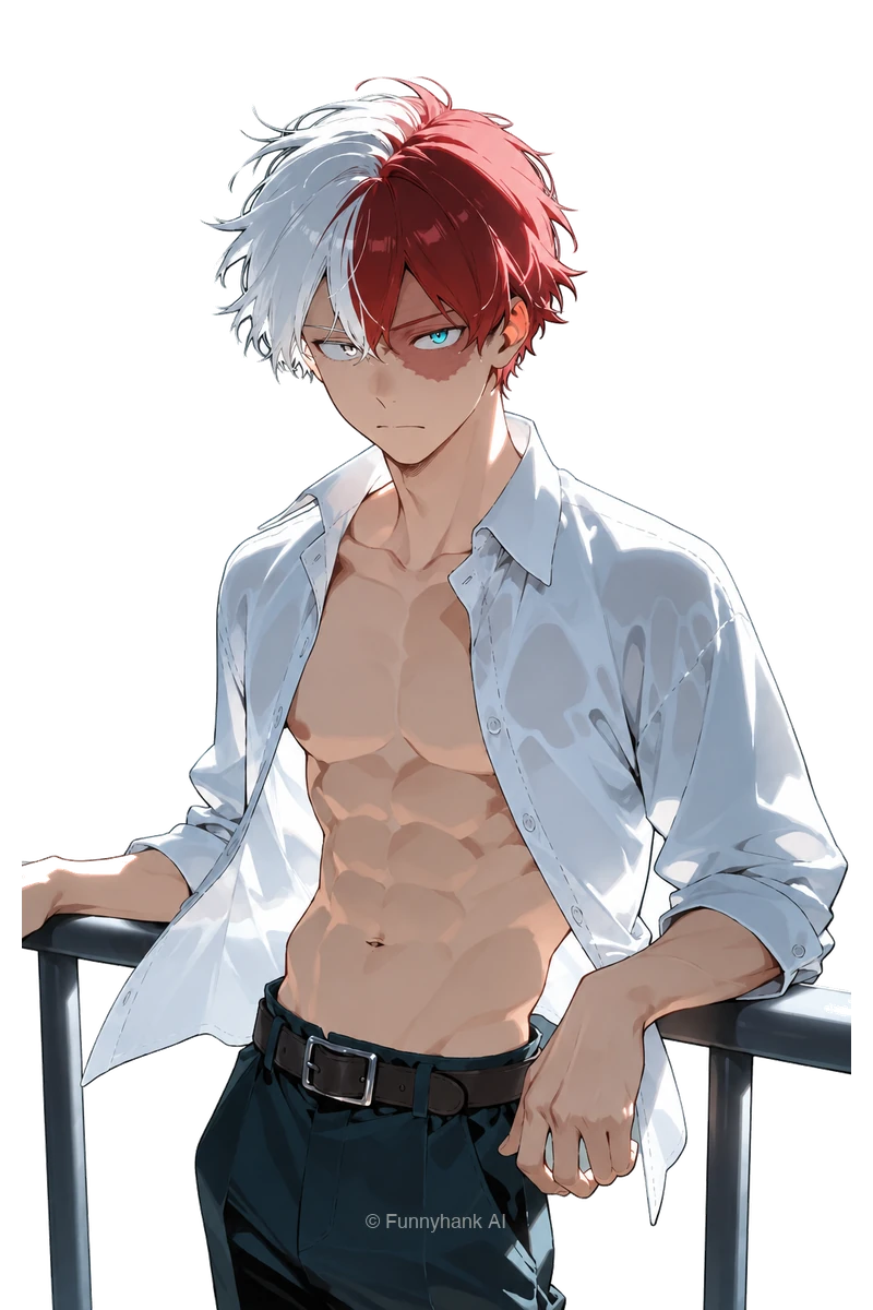 Shoto Todoroki in a white shirt leaning on a balcony railing
