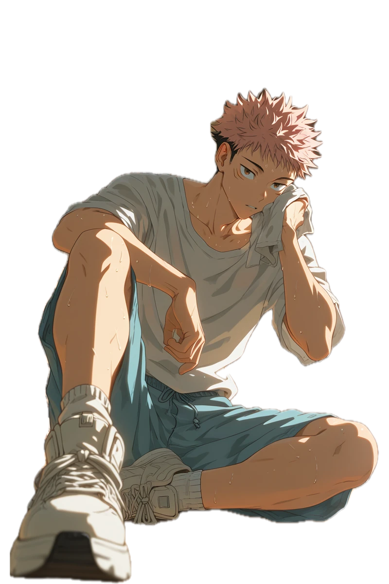 Yuji Itadori seated in a T-shirt and shorts