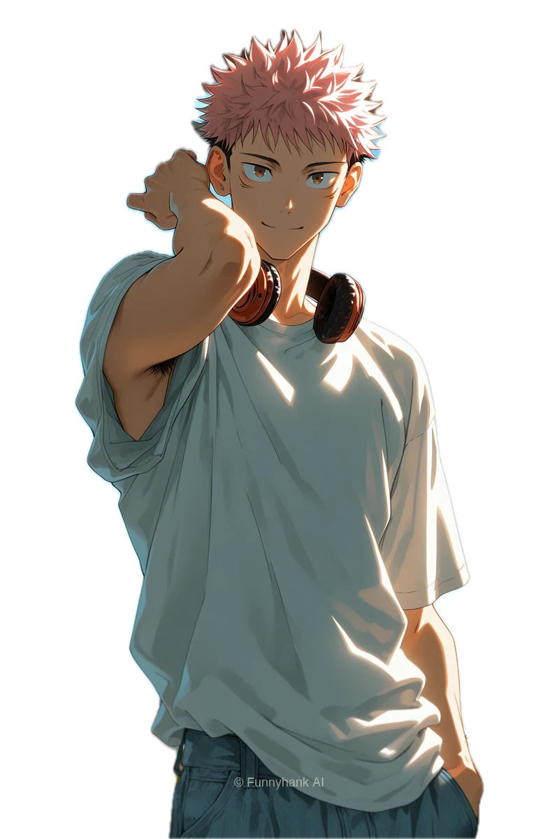 Yuji Itadori in a white T-shirt with headphones